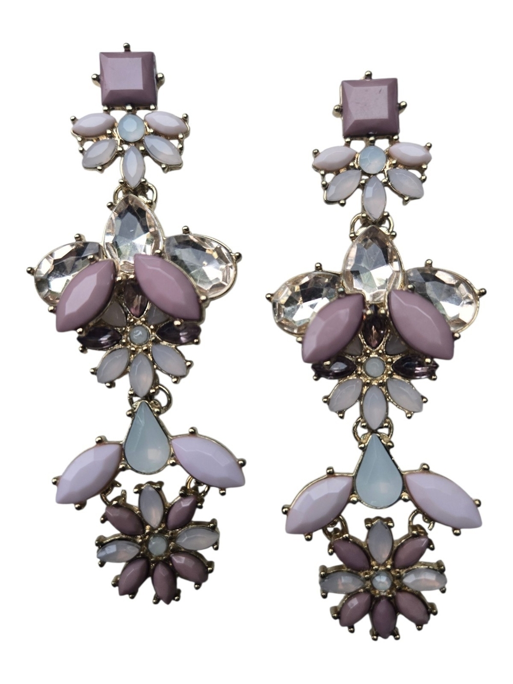 Y2K Pink Opalescent Statement Chandelier Earrings Floral Gold Tone